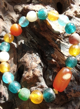 开播福利～清末西亚老琉璃多宝手串橘色缠丝玛瑙主珠多宝手串