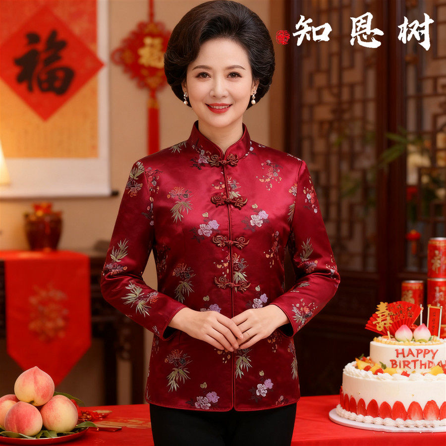 新款妈妈上衣缎面唐装棉袄国风绸缎女桑蚕丝棉衣中式真丝女装外套