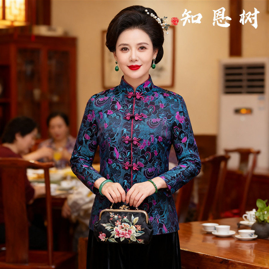 妈妈桑蚕丝国风唐装棉袄中式真丝缎面女装上衣中老年丝绸锦缎外套