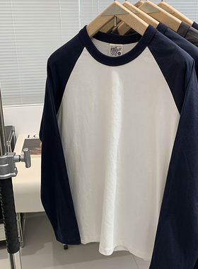 美式复古插肩袖 odm公司货 100%棉水洗圆领长袖T恤秋冬撞色打底衫