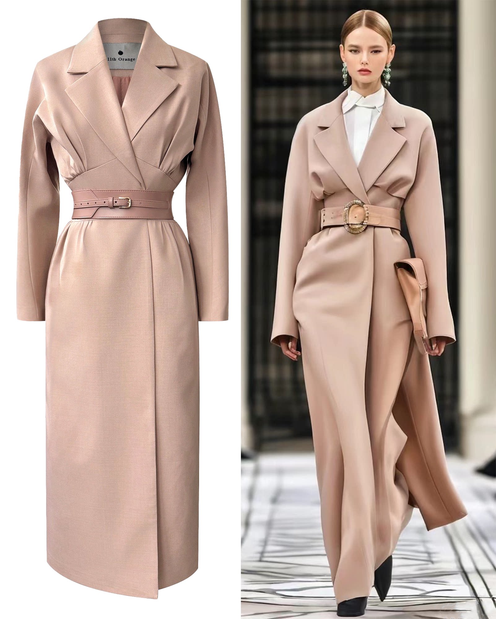粉色女士长款风衣外套西装领过膝修身收腰气质显瘦静奢风风衣裙