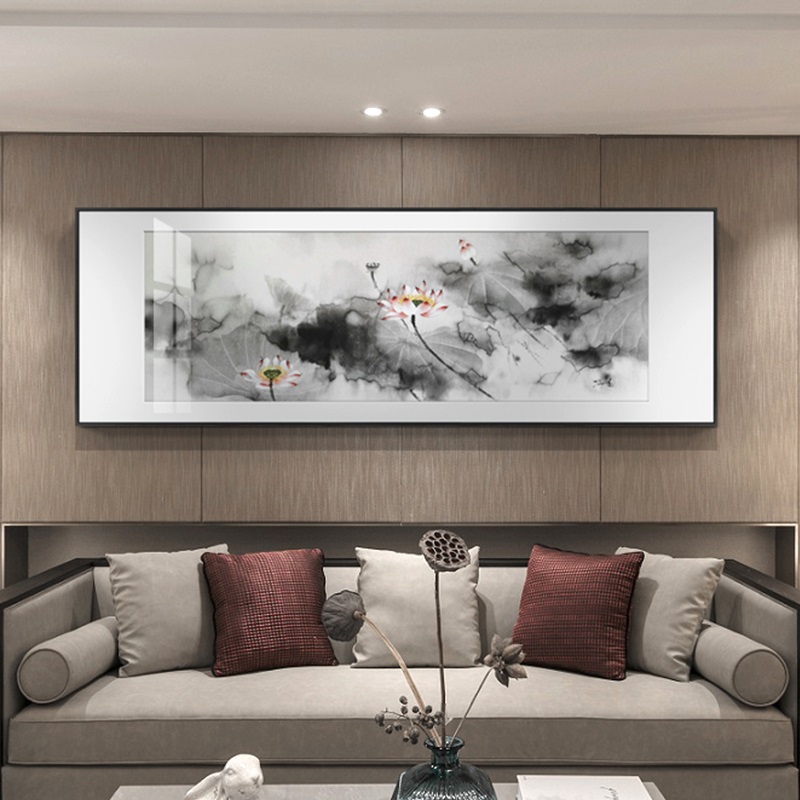 手绘新中式禅意水墨画客厅沙发背景墙荷花装饰画卧室书房茶室挂画图片