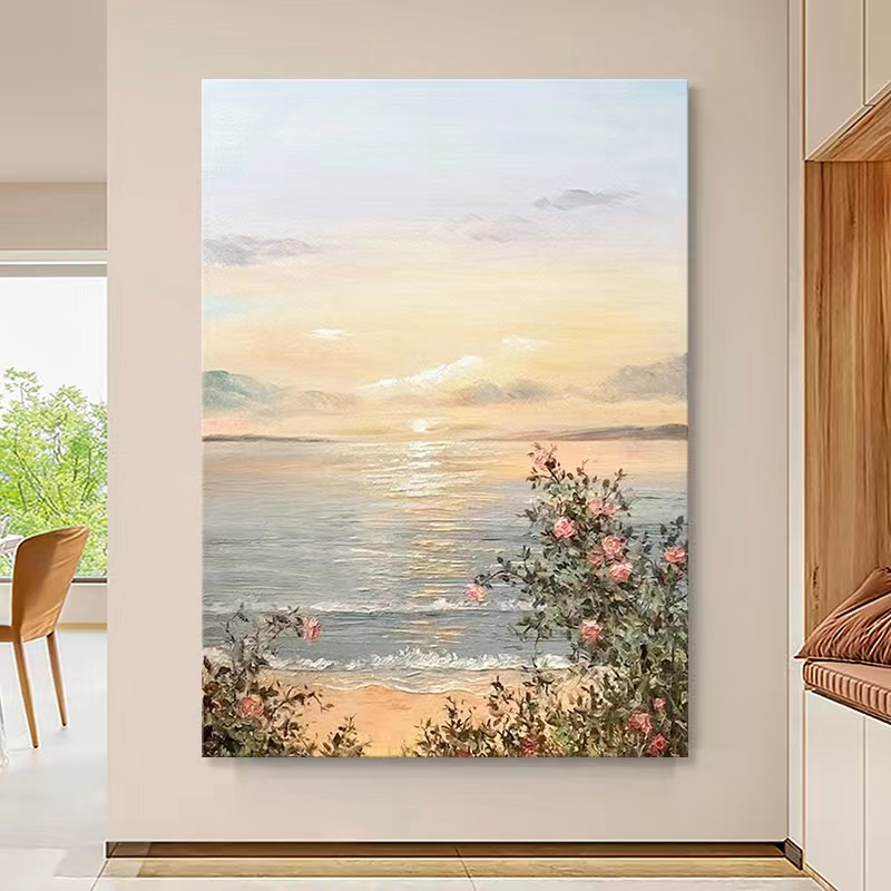 纯手绘油画现代简约海滩玫瑰轻奢花卉客厅装饰画玄关立体肌理挂画图片
