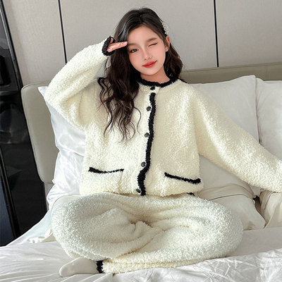 半边绒睡衣秋冬女小个子珊瑚绒开衫长袖小码家居服套装冬季150cm