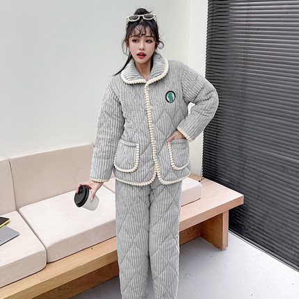 小码睡衣冬季女加绒加厚小个子150cm珊瑚绒三层夹棉家居服可外穿