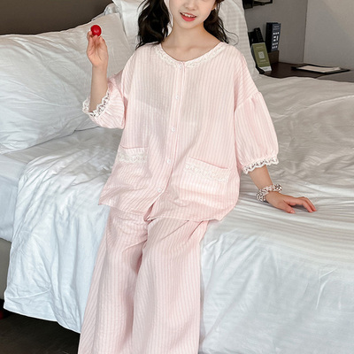 1米五小个子睡衣女夏季开衫蕾丝花边短袖长裤家居服套装145矮个子