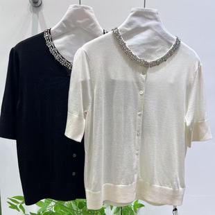 手工钉钻 德国扬子纱18针精纺全羊毛圆领短袖 针织开衫 女早秋新款