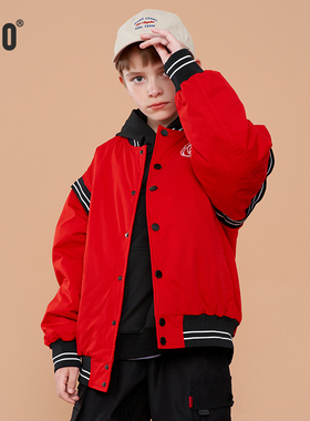 HOO红色棒球服棉服男童中大童加绒加厚菱形格拜年服过年喜庆外套