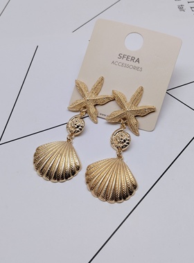 K264夸张质感时尚潮流气质名媛街拍几何中古贝壳创意金属耳钉～女