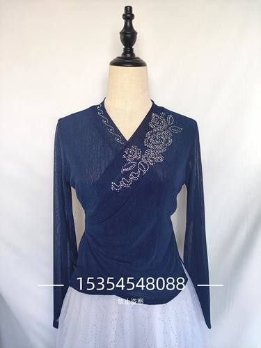 直播间同款竹节网纱上衣藏蓝色练习服朝鲜族夏季舞蹈练功服灯笼袖