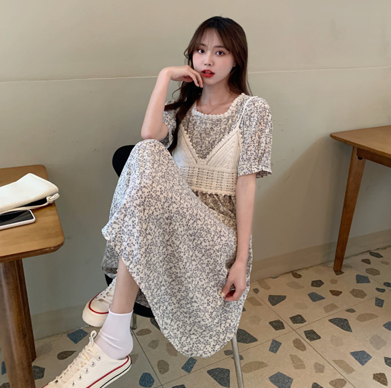 Real shot real price summer new Korean small fresh floral waist dress women's hook flower suspender vest two sets