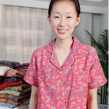 夏季薄款-短袖长裤粉蝴蝶 中老年家居服透气睡衣