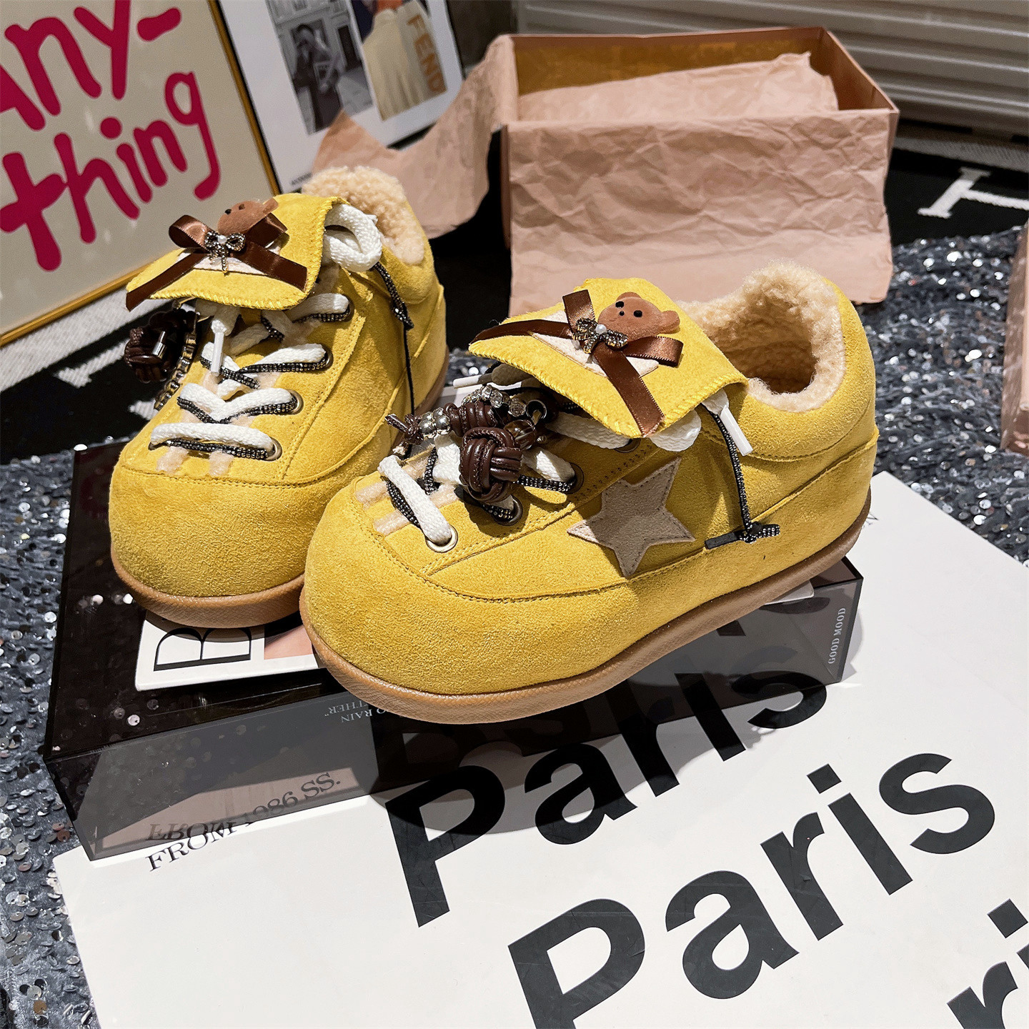 卡通小熊小胖丁内增高毛毛鞋