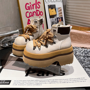 大头系带绑带小众辣妹短靴工装 大黄靴小个子9cm马丁靴机车靴女鞋