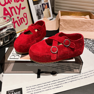 芭蕾风~真皮交叉点一字玛丽珍厚底松糕卡皮巴拉增高单鞋乐福女鞋