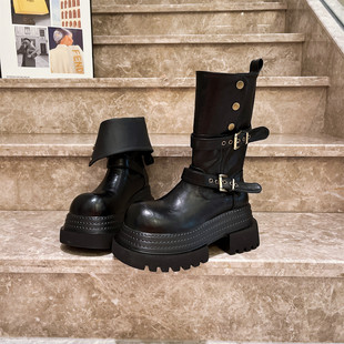 欧货真皮金属扣厚底松糕马丁靴翻领两穿短靴机车靴小个子8cm女鞋