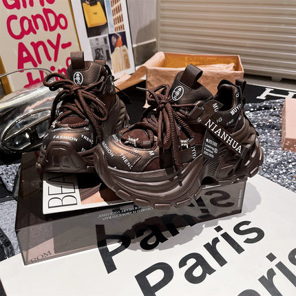 欧货真皮古铜色真皮字母铆钉小个子7cm加绒老爹鞋运动鞋休闲女鞋