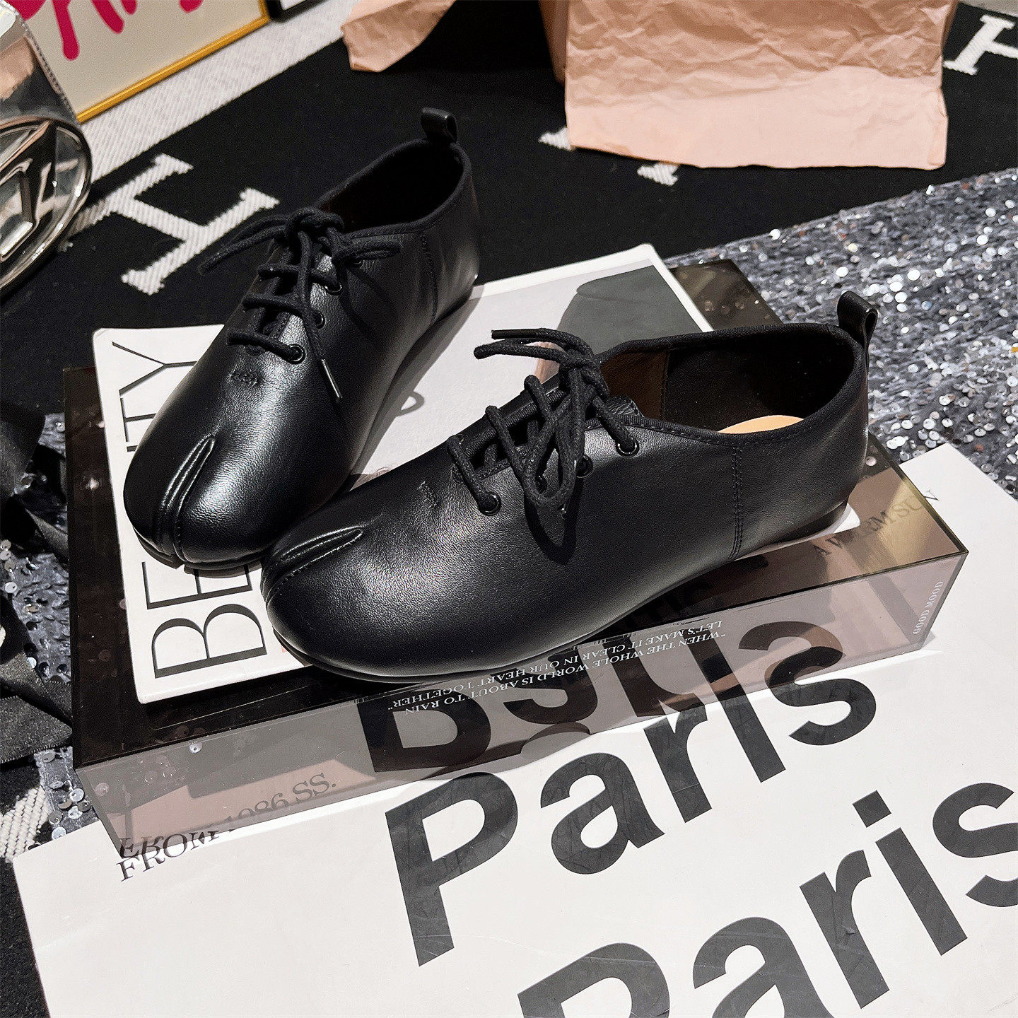 羊皮版~欧货分趾猪蹄鞋系带芭蕾风小皮鞋乐福鞋单鞋平底黑色女鞋,女鞋,时尚芭蕾鞋,淘宝优惠券,粉丝福利购,淘宝优惠卷