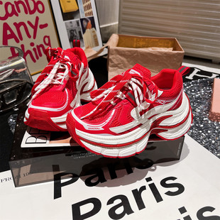 女鞋 休闲小个子6cm小白鞋 运动鞋 欧货真皮系带厚底松糕红色老爹鞋