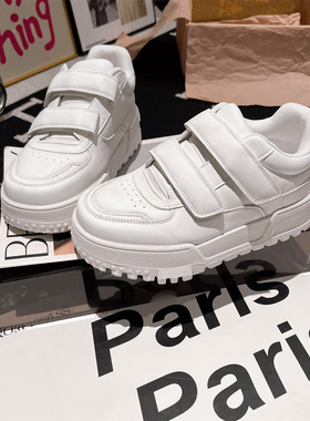 真皮版~欧货小胖丁大头魔术贴厚底松糕擦色小脏鞋脏脏小白鞋女鞋