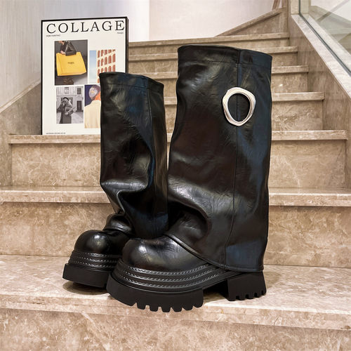 欧洲站真皮大头裤管靴厚底长靴