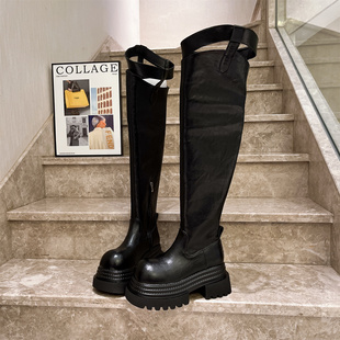 马丁靴真皮厚底松糕小个子脚环过膝靴加绒机车靴长筒靴走秀款 女鞋