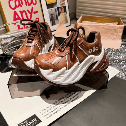 欧货真皮系带厚底松糕轮胎底小个子熊猫色7cm运动老爹鞋休闲女鞋