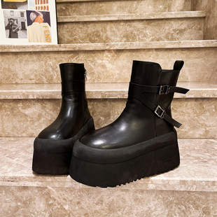 欧洲站真皮大头厚底松糕小个子8cm马丁靴机车靴加绒做旧擦色女鞋