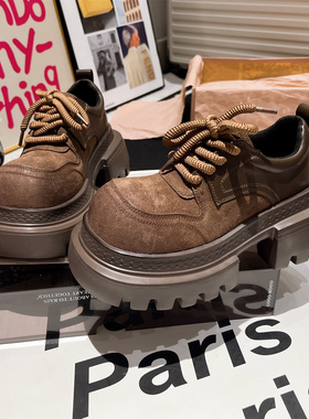 欧洲站真皮大头可可棕厚底松糕美拉德加绒JK小皮鞋乐福鞋增高女鞋