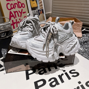 8cm~欧货水钻擦色厚底松糕小个子小白鞋增高休闲老爹鞋运动鞋女鞋