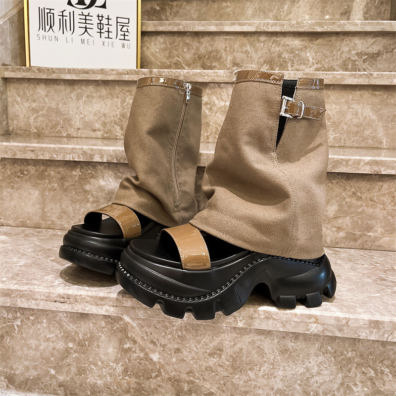 2025年新款牛仔布厚底松糕露趾凉靴马丁靴辣妹裤管短靴小个子女鞋