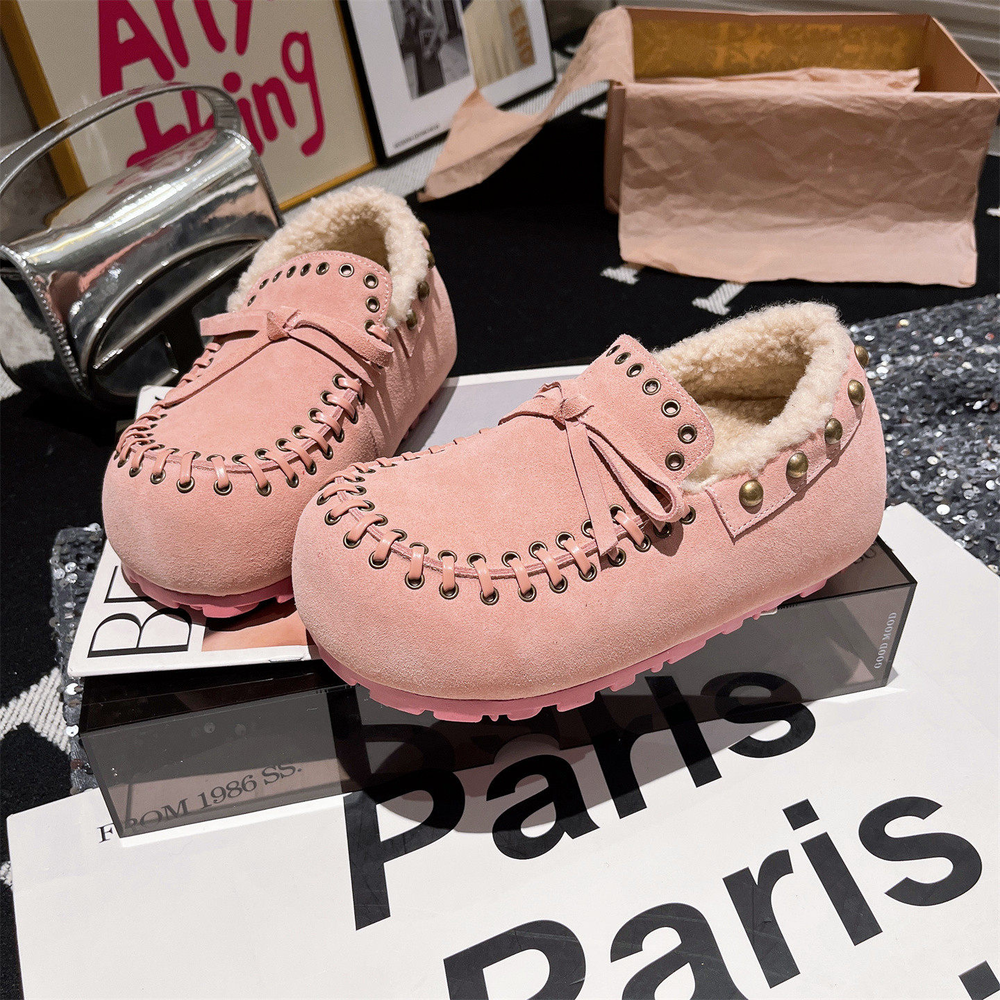 真皮羊毛版~欧货铆钉毛毛鞋蝴蝶结勃肯鞋乐福鞋一脚蹬豆豆鞋女鞋,女鞋,乐福鞋（豆豆鞋）,淘宝优惠券,粉丝福利购,淘宝优惠卷