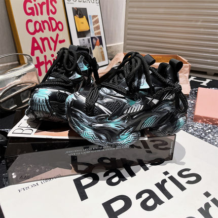 真皮版~欧货涂鸦喷绘系带厚底松糕小个子老爹鞋休闲运动鞋7cm女鞋