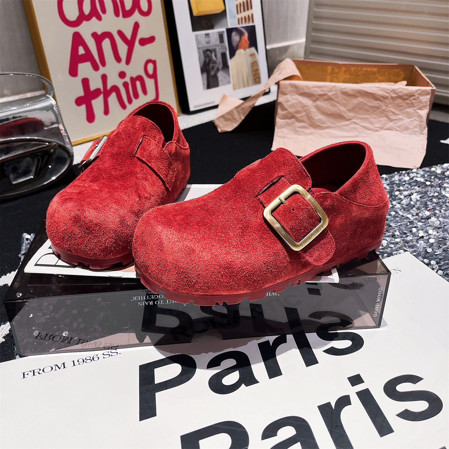 真皮版~欧洲站金属扣内增高乐福鞋一脚蹬卡皮巴拉勃肯鞋红色女鞋,女鞋,勃肯鞋/软木鞋,淘宝优惠券,粉丝福利购,淘宝优惠卷