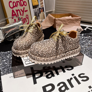 豹纹德训鞋 欧洲站复古系带大头卡皮巴拉休闲鞋 女鞋 4cm面包鞋 板鞋