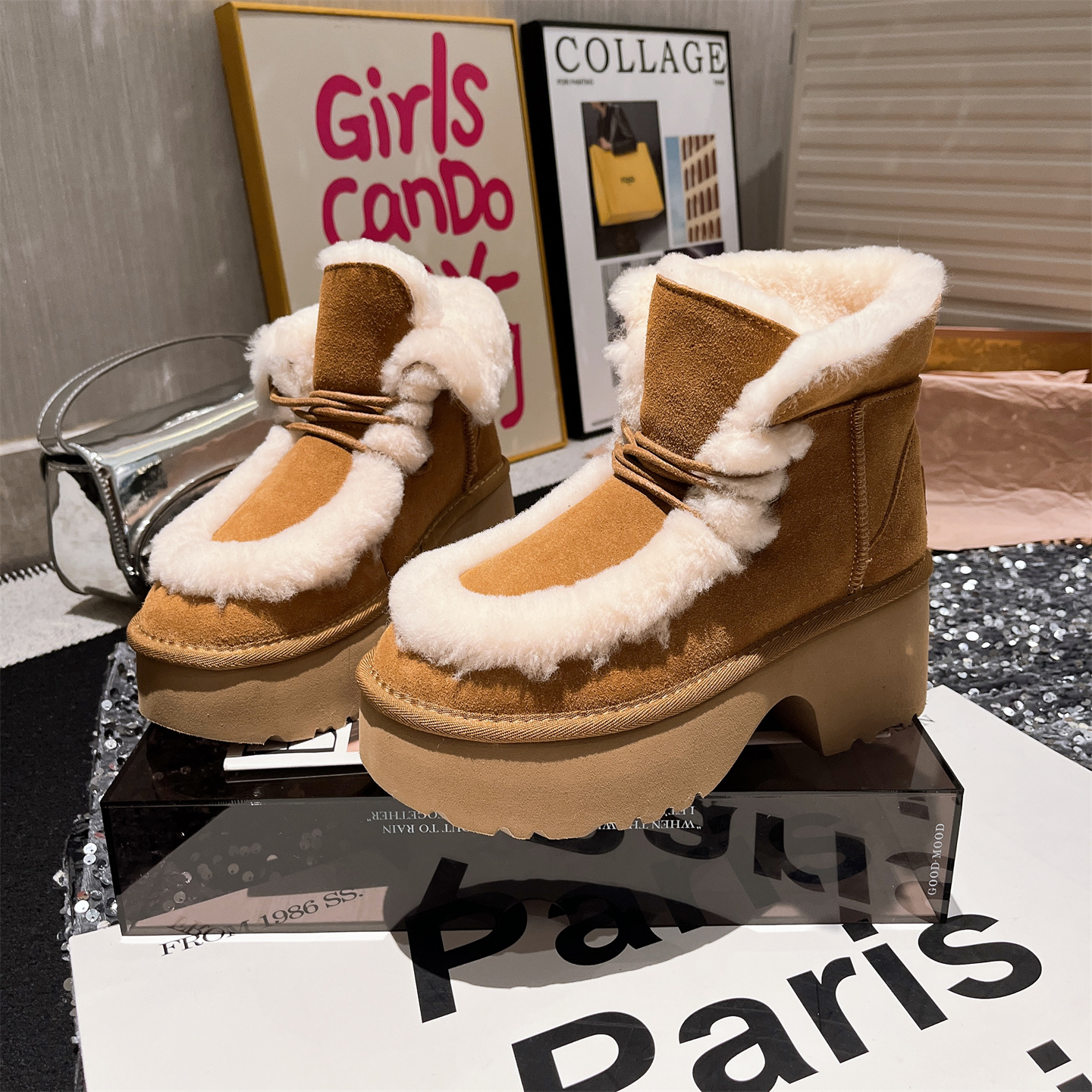 真皮羊毛系带粗跟雪地棉靴女鞋