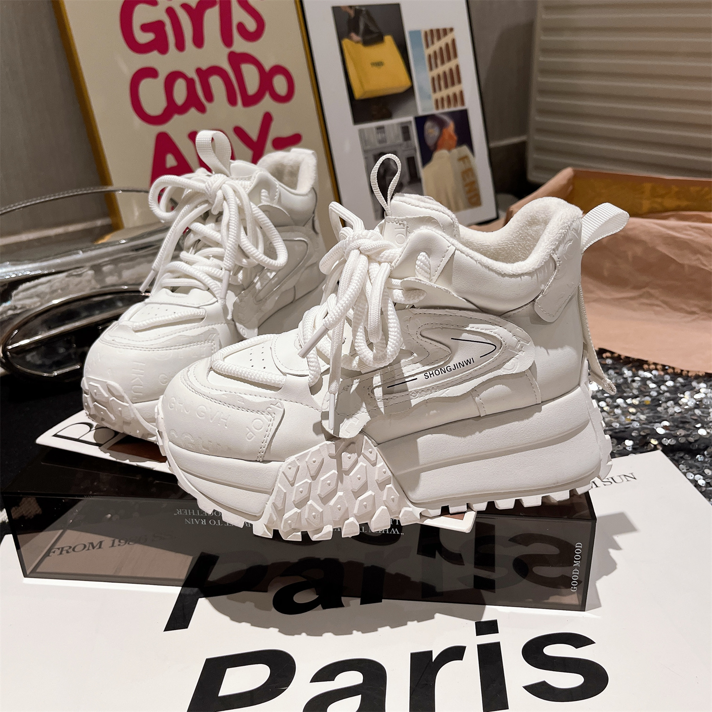 阿甘小个子6cm小白鞋加绒高帮鞋