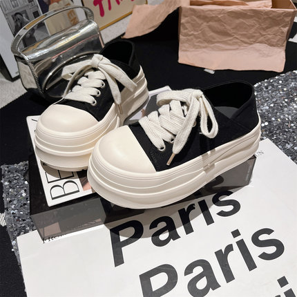 网红爆款休闲厚底帆布鞋女春季增高7cm米奇大头系带百搭时髦女鞋