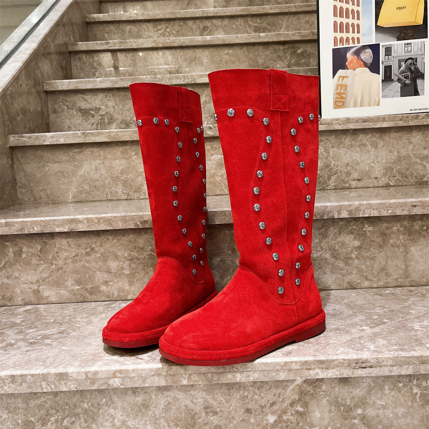 真皮版~欧货铆钉勃肯靴机车靴马丁靴复古高筒长靴平底瘦瘦靴女鞋