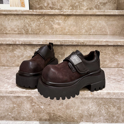 7cm~欧货真皮金属扣厚底松糕JK小皮鞋英伦风乐福鞋小个子单鞋女鞋