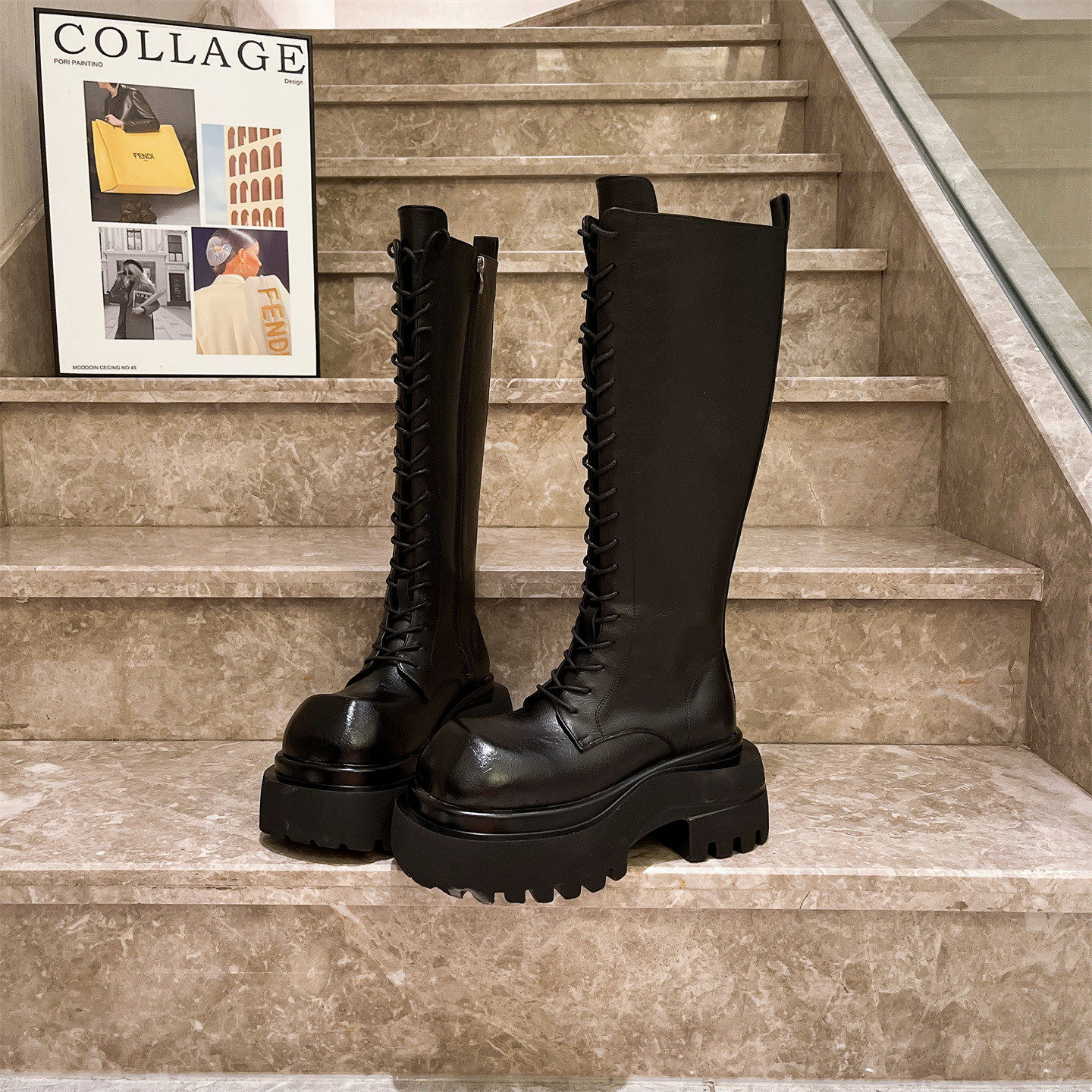 系带骑士靴加绒小个子7cm女鞋