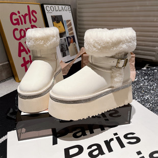 欧货真皮羊羔毛毛鞋 水钻厚底松糕小个子8cm金属扣白色雪地棉靴女