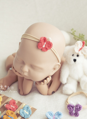 新生婴儿女宝宝满月手织小蝴蝶高弹发带生日拍照头饰头花娃娃发饰