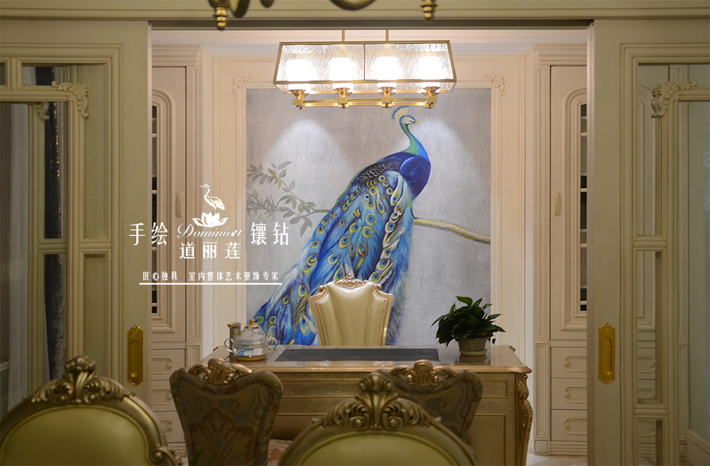 手绘墙画 墙体彩画 手绘立体镶钻壁画首创手绘墙纸 无缝壁画 孔雀