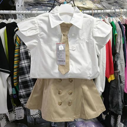 迪士尼正品儿童夏季短袖衬衫半身裙两件套女孩学院风荷叶袖套装