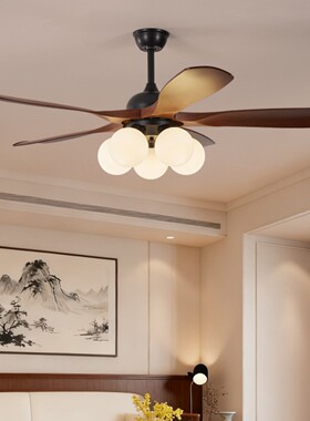 欧登新款木叶风扇灯中古风木质吊扇灯客厅餐厅灯传统静音LED灯具