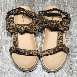 包邮 舒适坡跟罗马沙滩鞋 新款 女士厚底松糕鞋 豹纹蝴蝶结凉鞋 夏季