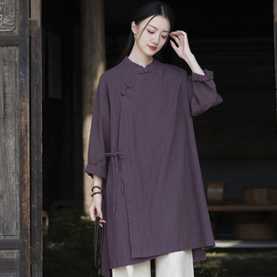 新中式女装秋季新款复古中国风棉麻上衣中长款盘扣斜襟系绳茶禅服