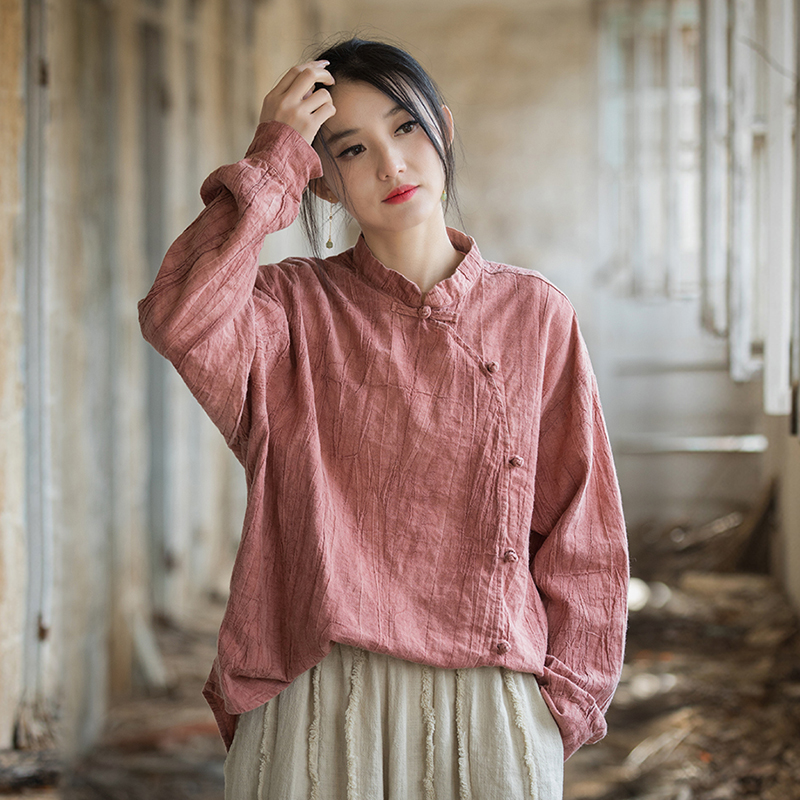 新中式套头长袖T恤苎麻盘扣茶服