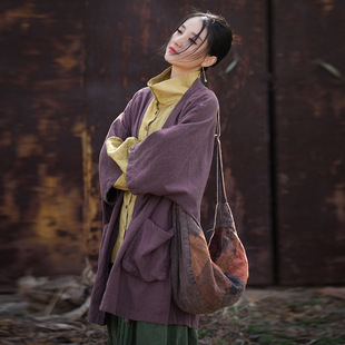棉麻禅意佛系女装苎麻炒色袍子外套宽松中长款开衫慵懒流浪风上衣